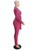 Fuchsia Sexy Solid Bandage Patchwork V Neck Three Quarter Two Pieces