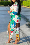 Green Casual Print Patchwork Buckle Turndown Collar Shirt Dress Dresses