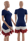 Navy Blue Casual Solid Patchwork O Neck Cake Skirt Dresses