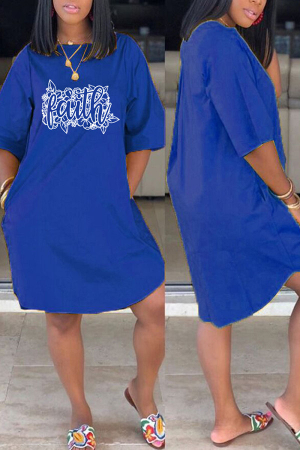 Blue Casual Print Patchwork O Neck Straight Dresses