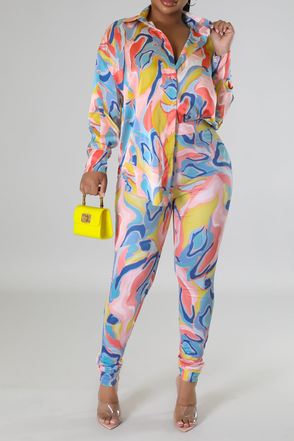 Pink Casual Print Patchwork Turndown Collar Long Sleeve Two Pieces