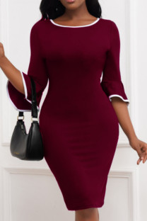 Burgundy Casual Solid Patchwork O Neck One Step Skirt Dresses
