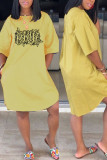 Yellow Casual Print Patchwork O Neck Straight Dresses