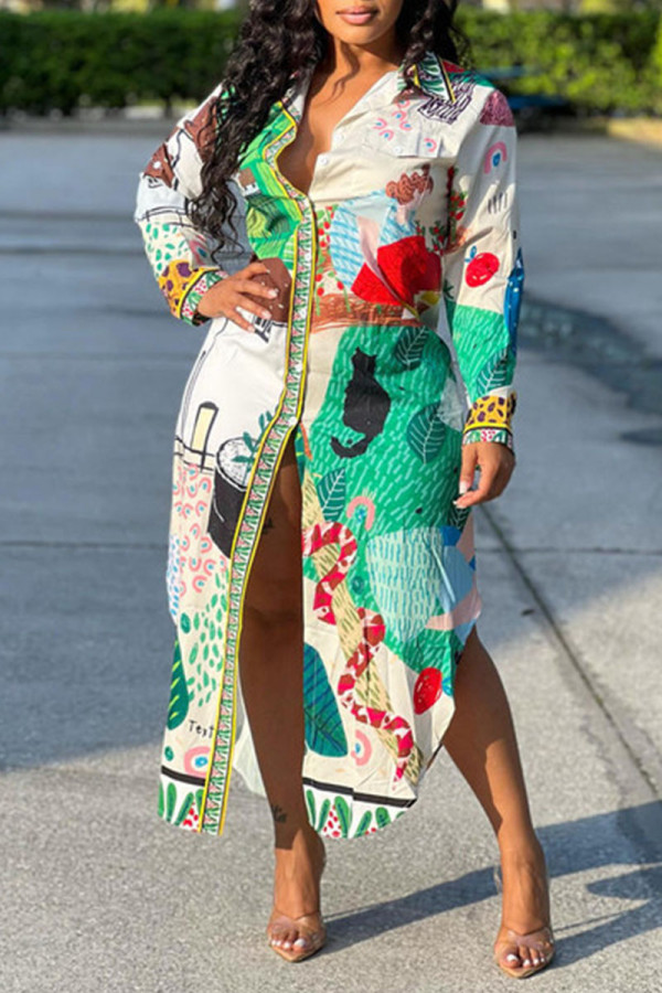 Green Casual Print Patchwork Buckle Turndown Collar Shirt Dress Dresses