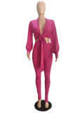 Fuchsia Sexy Solid Bandage Patchwork V Neck Three Quarter Two Pieces