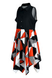 Red Casual Print Patchwork Buckle Turndown Collar Irregular Dress Dresses