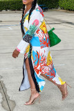 Green Casual Print Patchwork Buckle Turndown Collar Shirt Dress Dresses