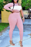 Pink Fashion Sexy Solid Hollowed Out Patchwork Asymmetrical O Neck Long Sleeve Two Pieces
