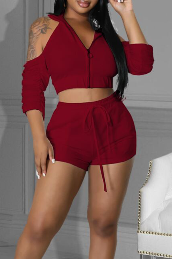 Burgundy Casual Solid Patchwork Hooded Collar Short Sleeve Two Pieces