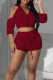 Burgundy Casual Solid Patchwork Hooded Collar Short Sleeve Two Pieces