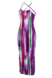 Purple Sexy Print Hollowed Out Patchwork Slit Spaghetti Strap One Step Skirt Dresses