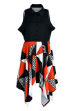 Red Casual Print Patchwork Buckle Turndown Collar Irregular Dress Dresses
