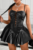 Black Sexy Solid Lace Hollowed Out Patchwork Frenulum Spaghetti Strap Pencil Skirt Dresses