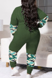 Army Green Casual Print Patchwork O Neck Plus Size Two Pieces