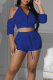 Blue Casual Solid Patchwork Hooded Collar Short Sleeve Two Pieces