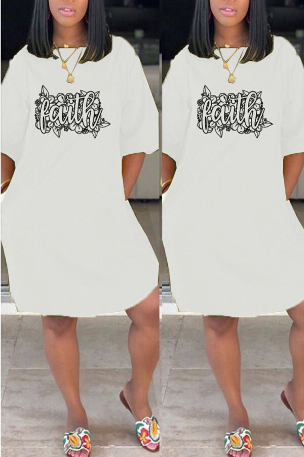 White Casual Print Patchwork O Neck Straight Dresses