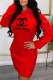 Red Fashion Casual Print Letter Hooded Collar One Step Skirt Dresses