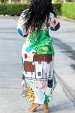 Green Casual Print Patchwork Buckle Turndown Collar Shirt Dress Dresses