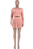 Pink Fashion Solid Patchwork O Neck Long Sleeve Two Pieces