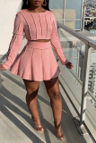 Pink Fashion Solid Patchwork O Neck Long Sleeve Two Pieces