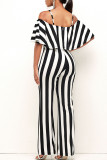 Black And White Sexy Striped Print Patchwork Flounce Spaghetti Strap Straight Jumpsuits