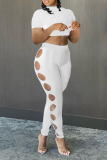 White Sexy Solid Hollowed Out O Neck Short Sleeve Two Pieces