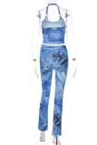 Blue Sexy Print Patchwork Halter Sleeveless Two Pieces