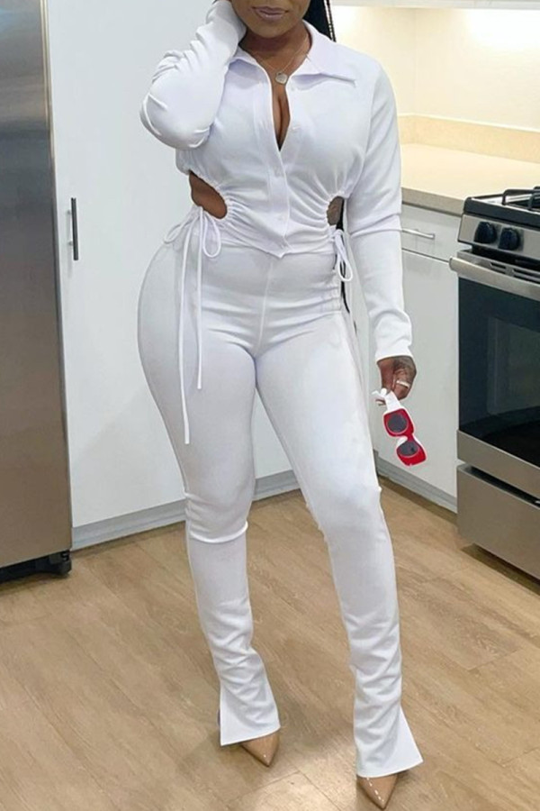 White Fashion Casual Solid Bandage Hollowed Out Turndown Collar Long Sleeve Two Pieces