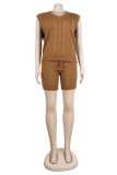 Khaki Fashion Casual Solid Patchwork V Neck Sleeveless Two Pieces