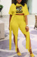 Yellow Sexy Street Print Patchwork Asymmetrical O Neck Half Sleeve Two Pieces