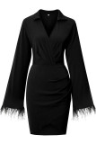 Pink Elegant Solid Patchwork Feathers V Neck Irregular Dress Dresses
