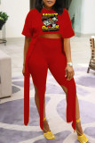 Rose Red Sexy Street Print Patchwork Asymmetrical O Neck Half Sleeve Two Pieces