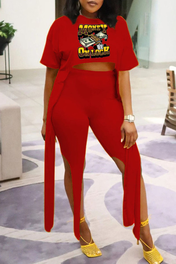 Red Sexy Street Print Patchwork Asymmetrical O Neck Half Sleeve Two Pieces