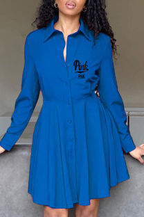 Blue Casual Print Patchwork Turndown Collar Shirt Dress Dresses