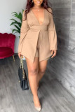 Khaki Fashion Casual Solid Patchwork V Neck Regular Rompers