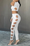 White Sexy Solid Hollowed Out O Neck Short Sleeve Two Pieces