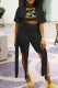 Black Sexy Street Print Patchwork Asymmetrical O Neck Half Sleeve Two Pieces