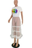 White Casual Lips Printed Mesh O Neck T-Shirts