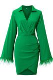 Pink Elegant Solid Patchwork Feathers V Neck Irregular Dress Dresses