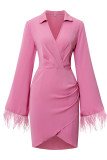 Pink Elegant Solid Patchwork Feathers V Neck Irregular Dress Dresses