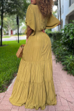 Earth Yellow Casual Solid Bandage V Neck Cake Skirt Dresses
