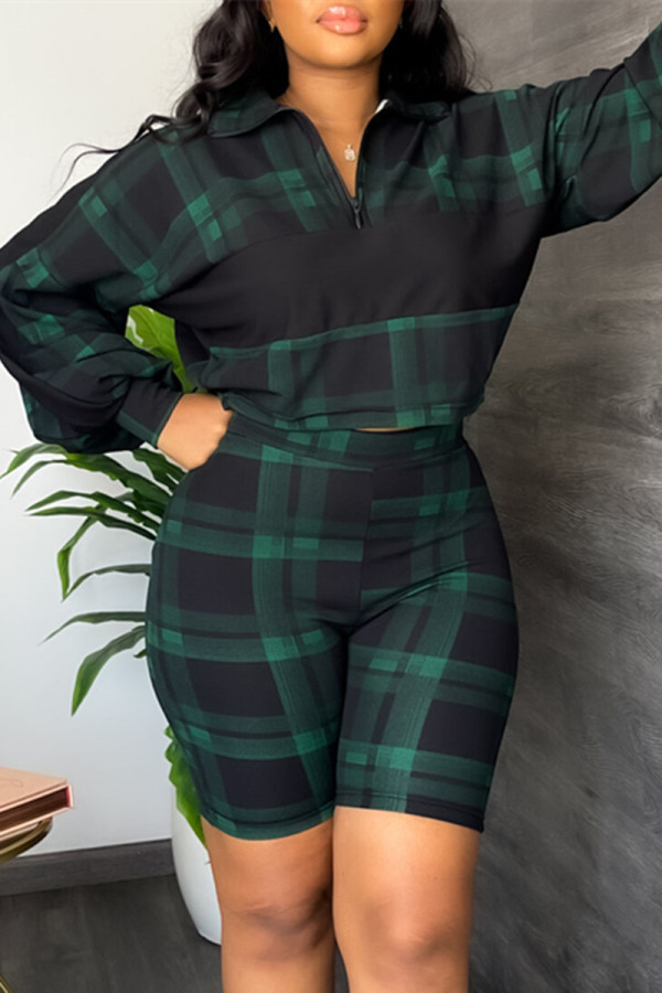 Black Green Fashion Casual Plaid Print Patchwork Zipper Collar Long Sleeve Two Pieces