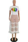 White Casual Lips Printed Mesh O Neck T-Shirts