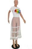 White Casual Lips Printed Mesh O Neck T-Shirts