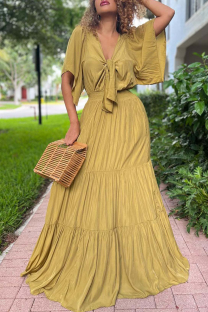 Earth Yellow Casual Solid Bandage V Neck Cake Skirt Dresses