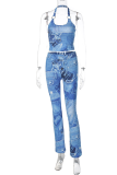 Blue Sexy Print Patchwork Halter Sleeveless Two Pieces