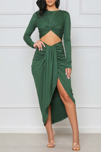 Green Sexy Solid Hollowed Out Patchwork Asymmetrical O Neck Irregular Dress Dresses