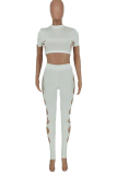 White Sexy Solid Hollowed Out O Neck Short Sleeve Two Pieces