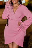 Pink Elegant Solid Patchwork Feathers V Neck Irregular Dress Dresses