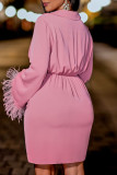 Pink Elegant Solid Patchwork Feathers V Neck Irregular Dress Dresses